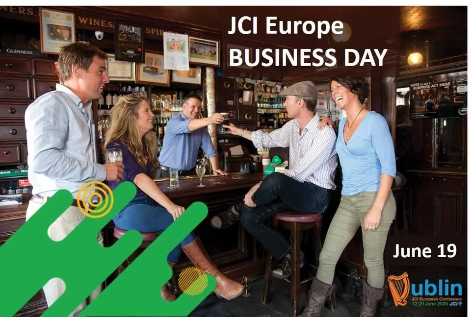 Poster for the JCI Europe Business Day on 19 June, showing four people chatting at a bar, from the virtual Dublin conference
