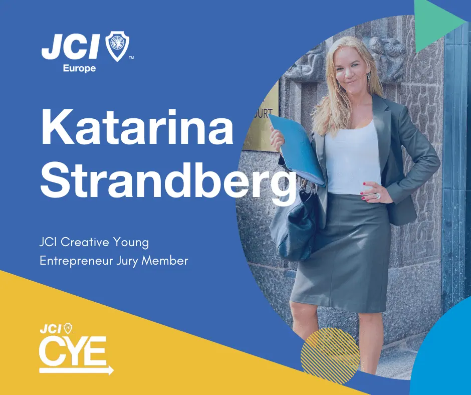 CYE jury member card: Katarina Strandberg, with her photo in front of a stone building