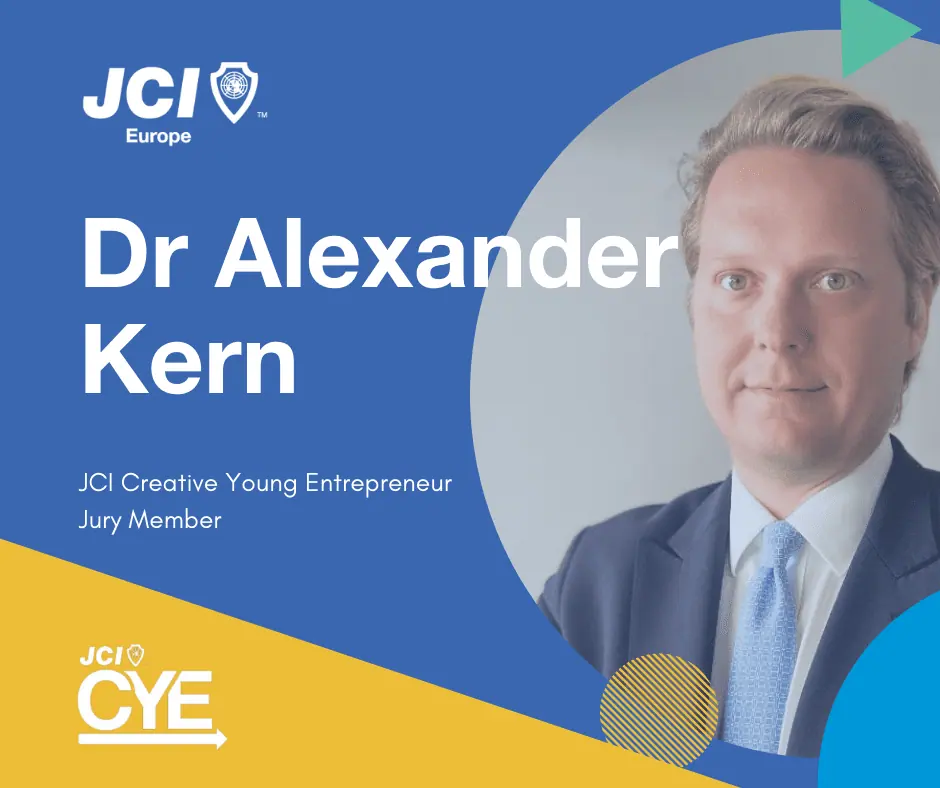 CYE jury member card: Dr Alexander Kern, with his portrait in a suit and light blue tie