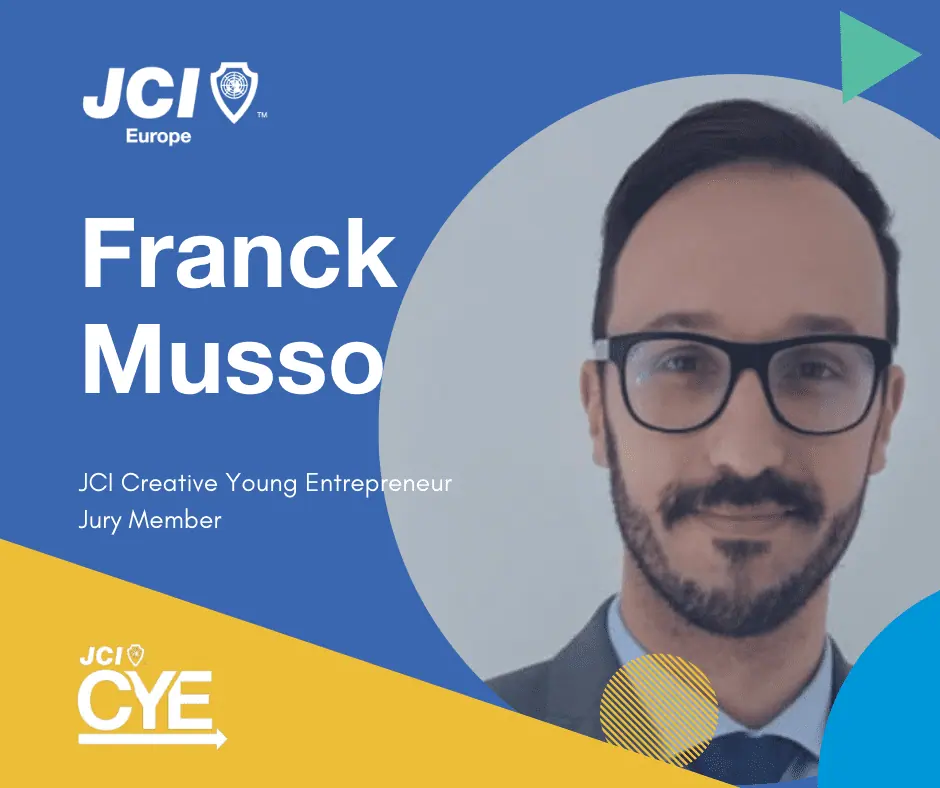 CYE jury member card: Franck Musso, with his portrait wearing glasses