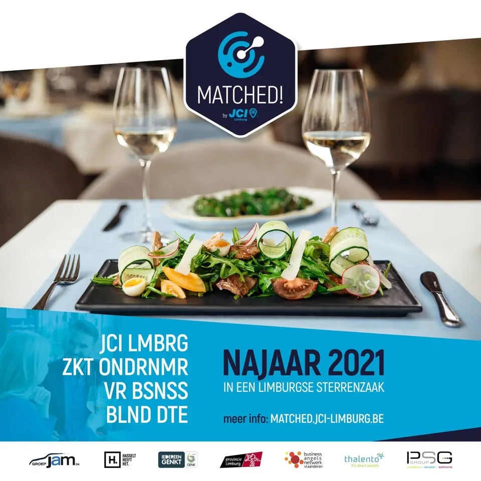 Poster for Matched! by JCI Limburg: a plate of food and wine glasses with the text business blind date in a Limburg star restaurant, autumn 2021