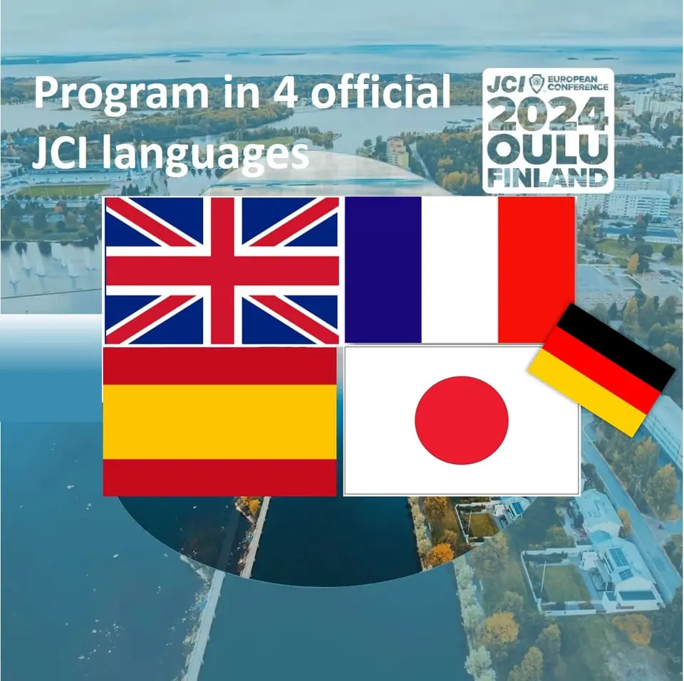 Graphic reading Program in 4 official JCI languages, with the British, French, Spanish, Japanese and German flags