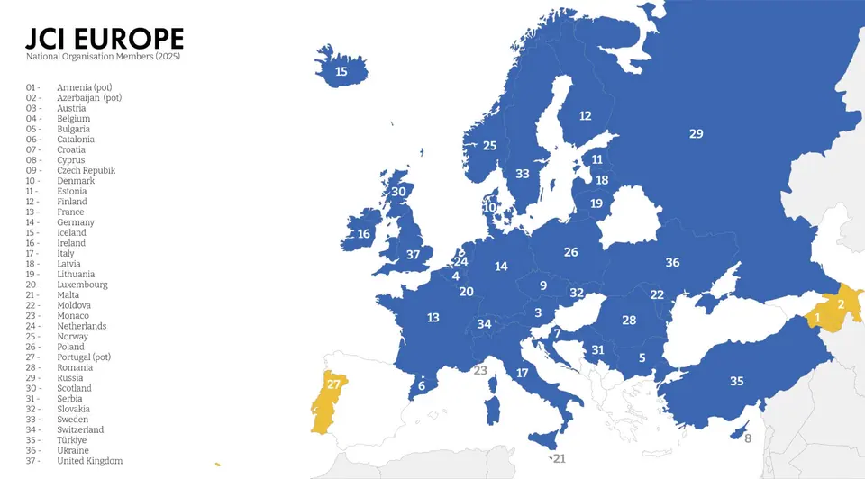 Map of Europe with the countries that have a JCI National Organisation highlighted