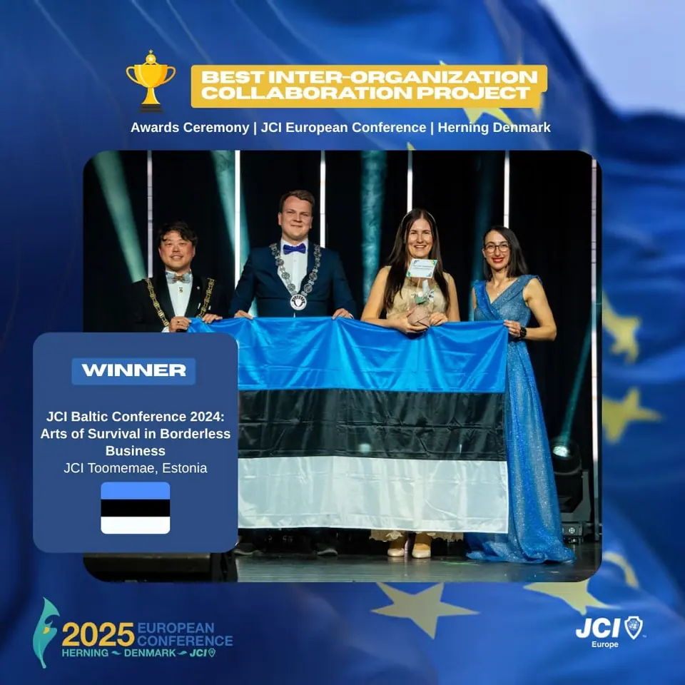 Winners card for Best Inter-Organization Collaboration Project: JCI Baltic Conference 2024 by JCI Toomemae, Estonia, on stage with the Estonian flag