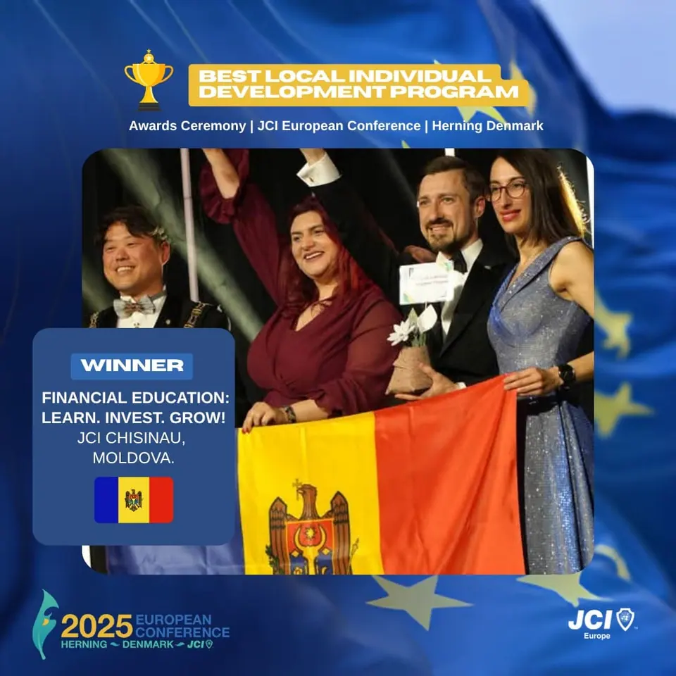 Winners card for Best Local Individual Development Program: Financial Education: Learn, Invest, Grow! by JCI Chisinau, Moldova, on stage with the Moldovan flag