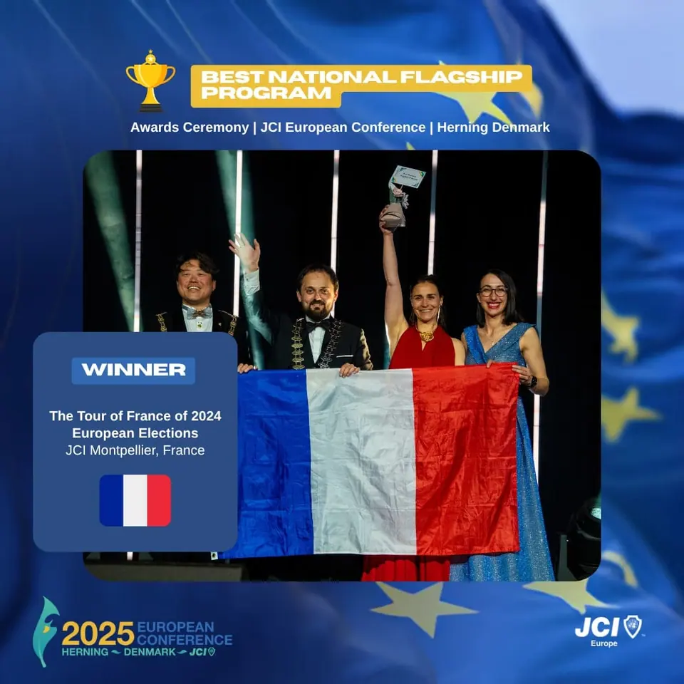 Winners card for Best National Flagship Program: The Tour of France of 2024 European Elections by JCI Montpellier, France, on stage with the French flag