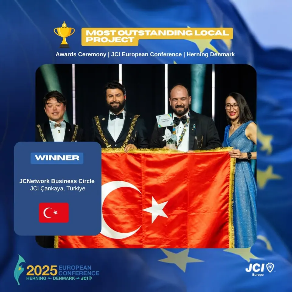 Winners card for Most Outstanding Local Project: JCNetwork Business Circle by JCI Çankaya, Türkiye, on stage with the Turkish flag