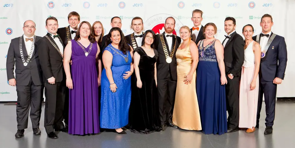 JCI Europe National Presidents in formal wear in front of a JCI backdrop at the World Congress
