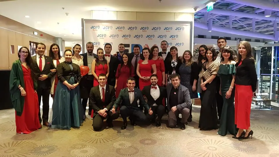 A large group in evening wear at the 2019 European Presidents Meeting hosted by JCI Bulgaria