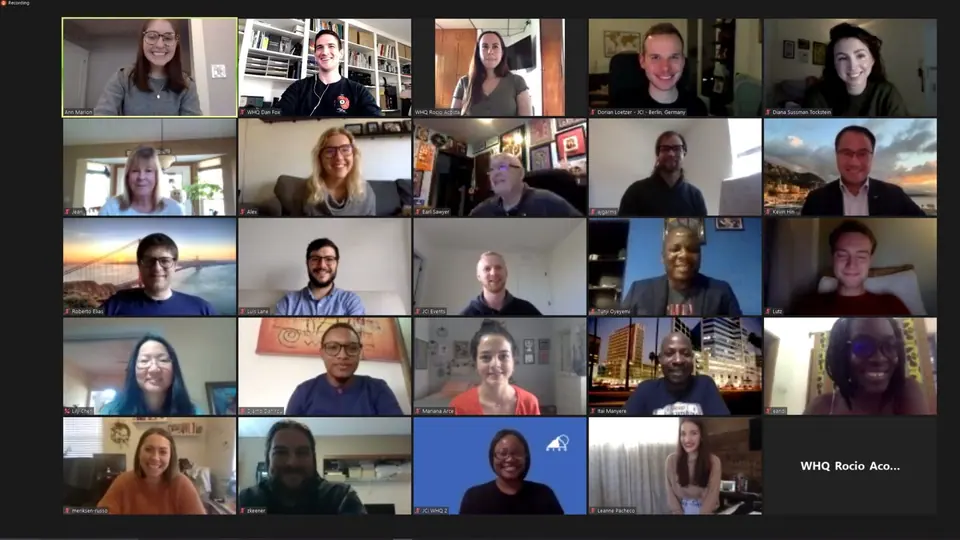 A video call grid showing the JCI World Headquarters team on screen