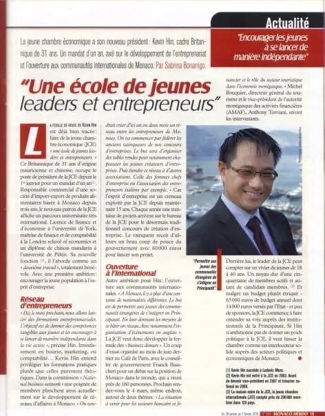 A newspaper page with an interview headed Une école de jeunes leaders et entrepreneurs
