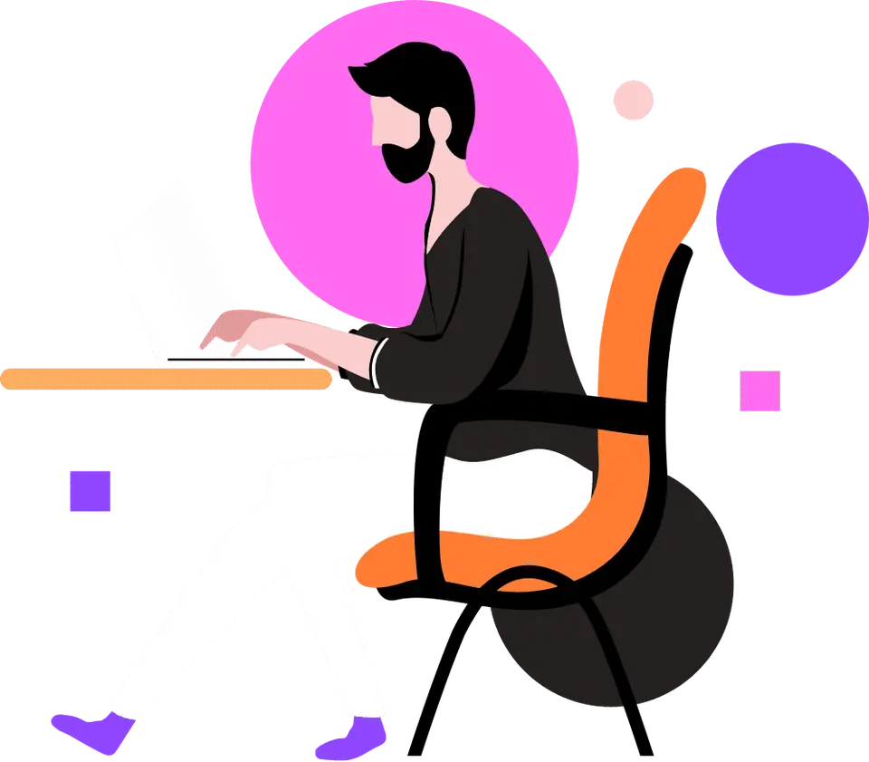 Illustration of a bearded person working on a laptop at a desk, with coloured circles behind