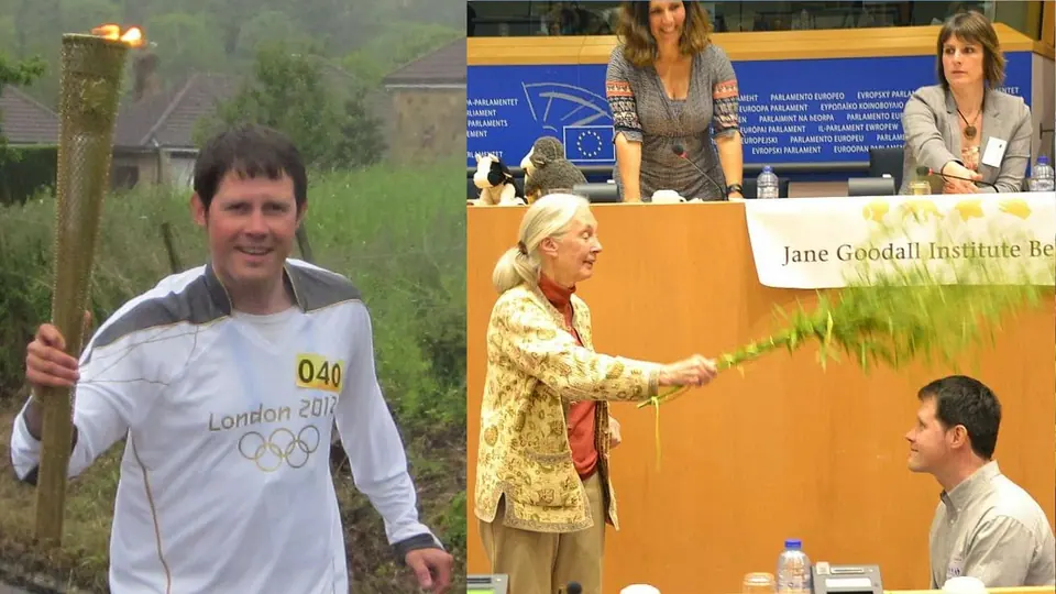 Two photos: a man in white carrying an Olympic torch, and an older woman at a table at a Jane Goodall Institute event