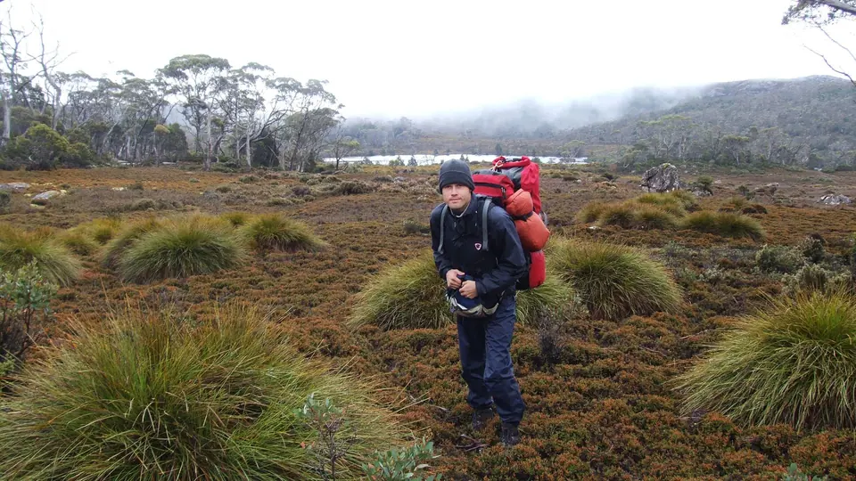 A hiker with a red backpack on misty moorland with tussock grass