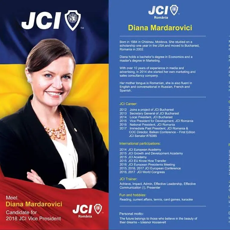 Campaign poster for Diana Mardarovici, candidate for 2018 JCI Vice President, in Romanian and Moldovan flag colours