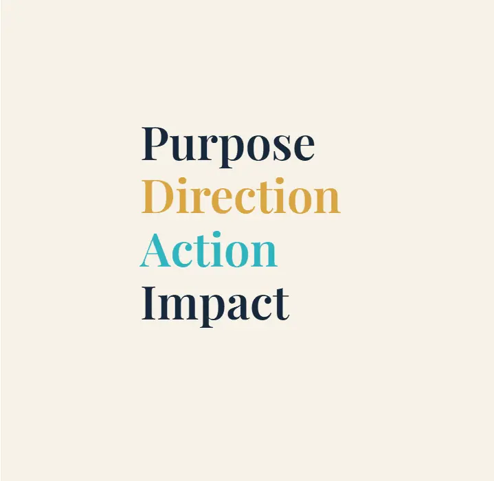 Graphic with the four words Purpose, Direction, Action and Impact