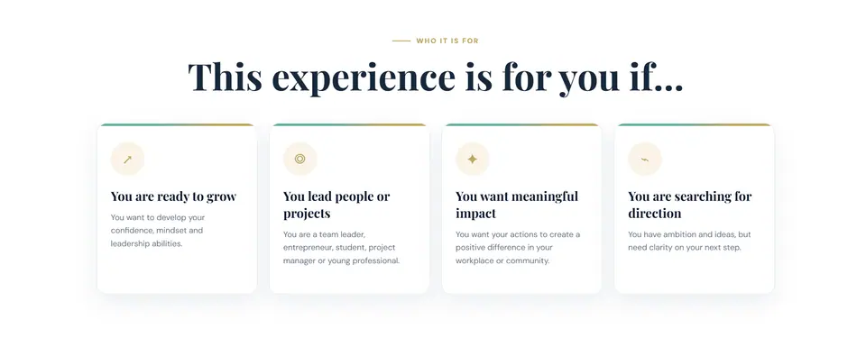 Graphic headed This experience is for you if, with four cards: you are ready to grow, you lead people or projects, you want meaningful impact, you are searching for direction