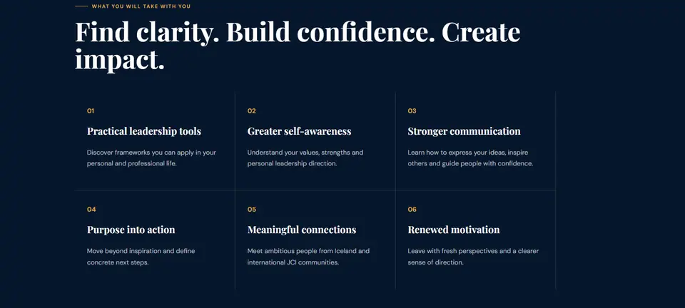 Graphic headed Find clarity, build confidence, create impact, listing six takeaways such as practical leadership tools, greater self-awareness and stronger communication
