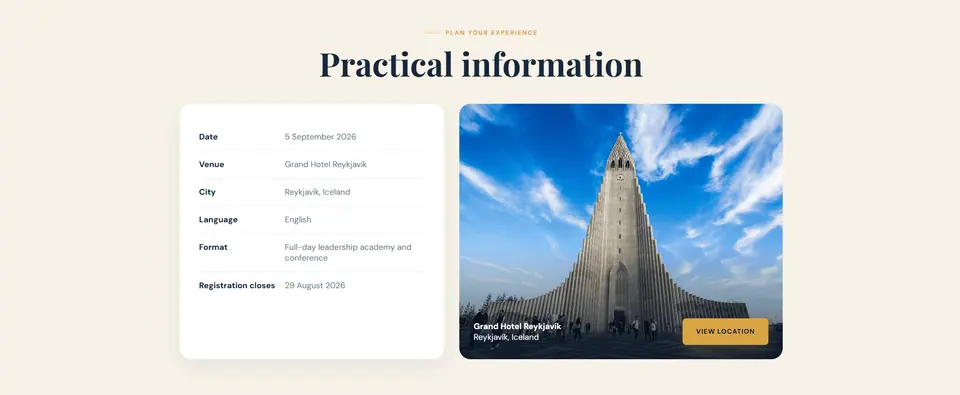 Practical information card: 5 September 2026, Grand Hotel Reykjavík, Reykjavík, Iceland, in English, full-day leadership academy and conference, registration closes 29 August 2026, next to a photo of Hallgrímskirkja church; links to the venue on Google Maps