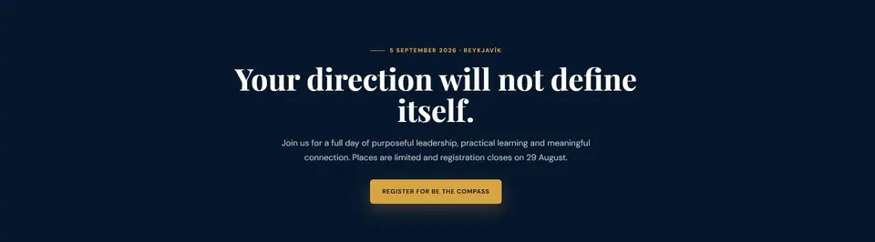 Graphic with the words Your direction will not define itself and a button to register for the conference; links to the registration form