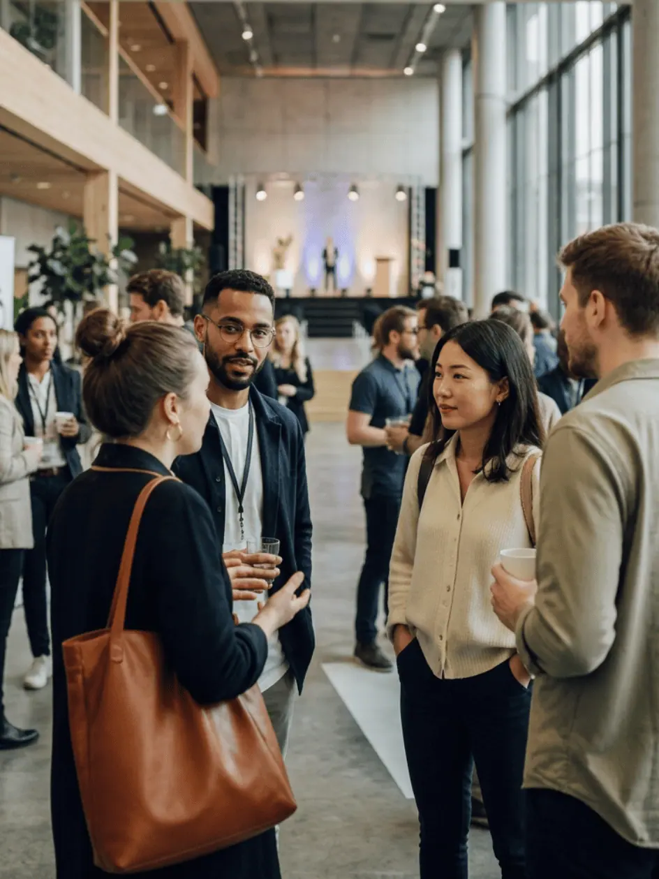 Founders talking in small groups in a bright event hall